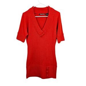 Y2K Orange Short Sleeve V-Neck Sweater Tunic Dress Size XL